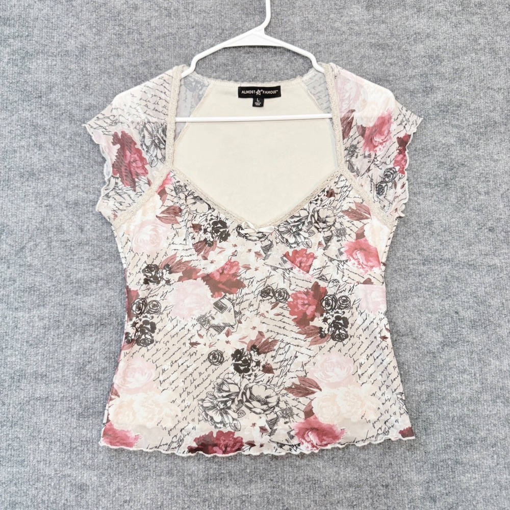 Y2K Babydoll Fairycore Mesh Top Sz L Floral Pink Script Lace Whimsygoth Coquette